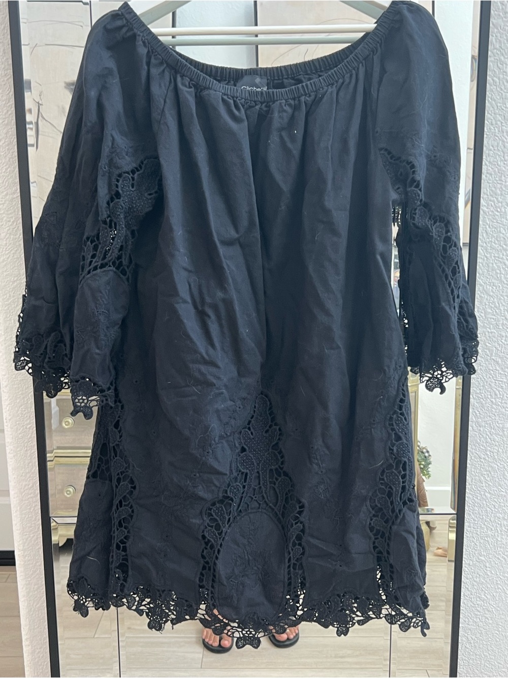 Black Off-Shoulder Crochet Trim Mini Dress